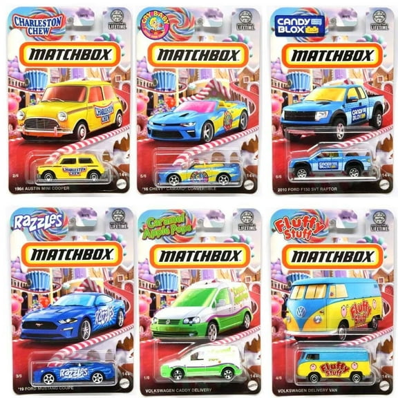 Matchbox Candy Collection Die-Cast Cars, 6-Pack, Limited Edition, Charleston Chew, Candy Blox, Razzles, Caramel Apple Pops, Fluffy Stuff, 1:64 Scale HVV75-979B