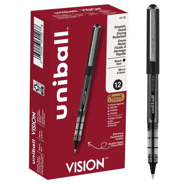 Bolígrafo Uniball Vision con micropunta de 0,5 mm, color negro, paquete de 12 unidades