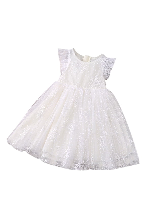 Sweet Girls Princess Dress Dot Print Ruffled Short Sleeve Tutu Evening Ball Gown with Butterfly Wings
