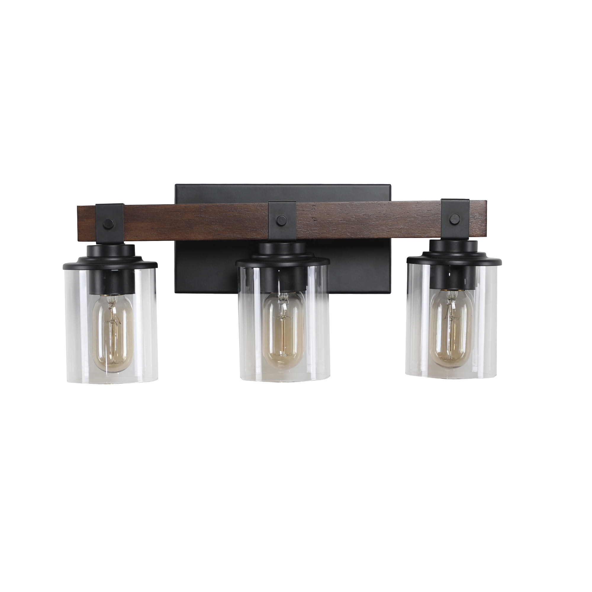 3 Lights 18.5inch Bathroom Vanity Light Fixtures , Wooden Farmhouse Vanity Lights Rustic Bathroom Lights Over Mirror with Clear Glass Shade Black Industrial Wall Sconce