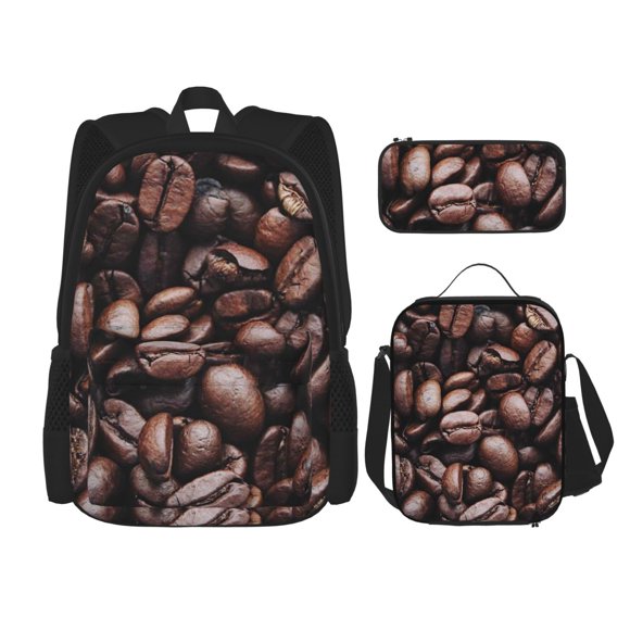 Wukai Coffee Bean for Backpack Combination Three-piece Set, Pocket Backpack Messenger Lunch Bag Pencil Case Set, Suitable for School, Office, Unisex