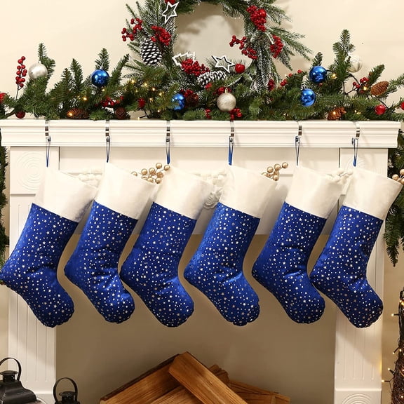 Christmas Stockings, 6 Pack 18 inches Glitter Golden Star Print with Plush Cuff, Classic Stocking Decorations for Whole Family, Blue and Silver