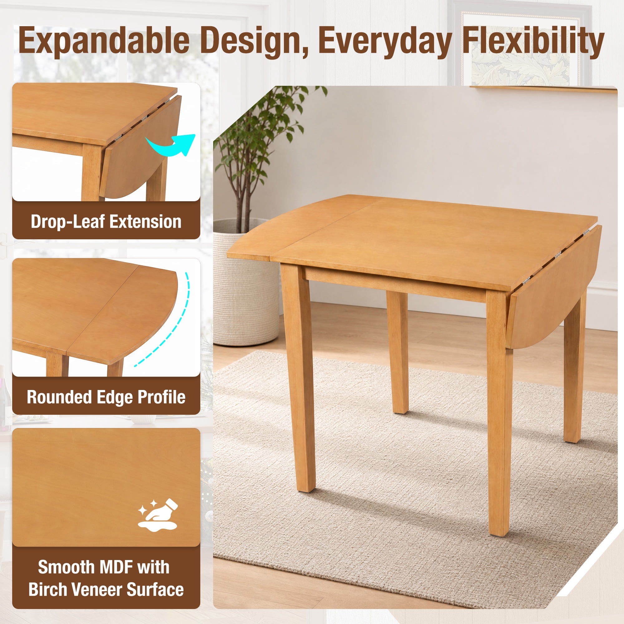 Euroco 29.5"-47.3" Extendable Dining Table for 2-4 People, Farmhouse Wooden Kitchen Table with Drop Leaf for Dining Room,Space Saving,Natural