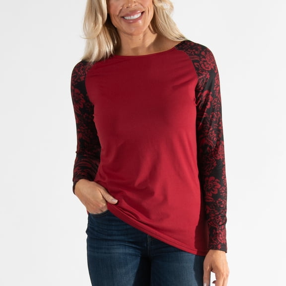 Womens S/M Red Floral Brushed Jersey Contrast Long Sleeve Top by Howard's