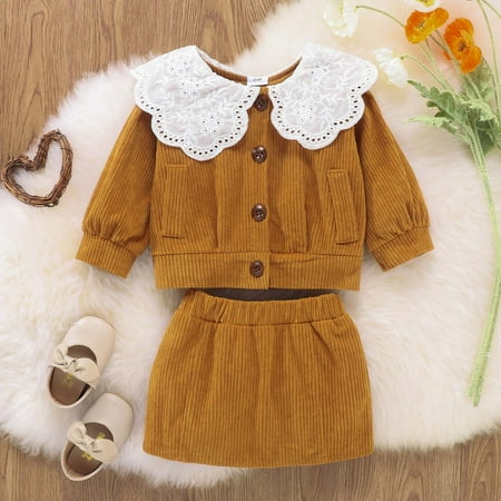

IROINNID Mid-Length Flare Skirt For Toddler Girls Round Neck Baby Sweet Lace Woolen Blouse And Corduroy Skirt Suit Long Sleeve Pullover Skirt Brown
