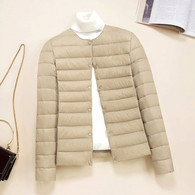 Chaqueta de plumón ligera para mujer, cuello redondo corto, interior fino, chaqueta interior delgada de gran tamaño, ventilador de moda
