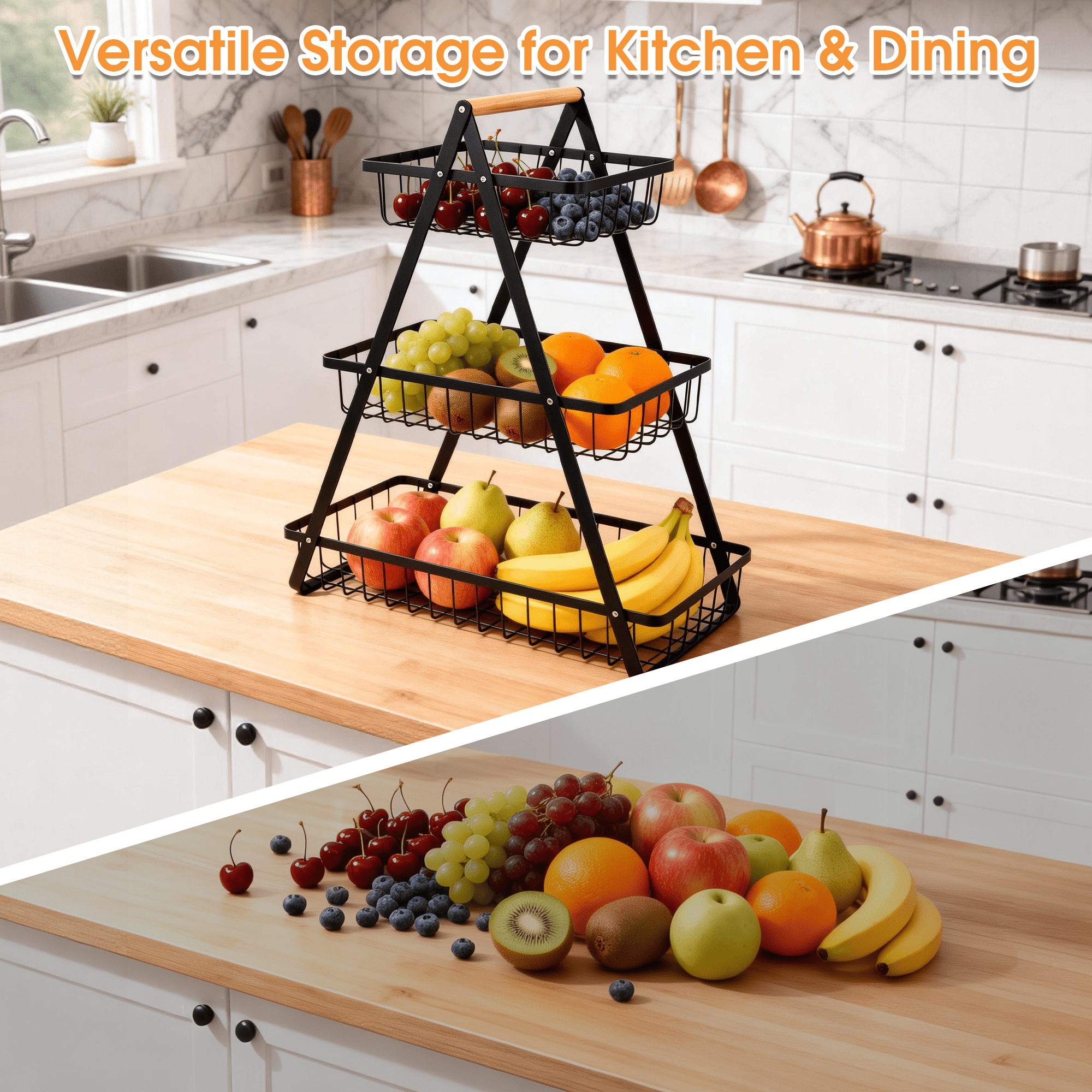 3 Tiers Fruit Basket, Kitchen Countertop Storage Basket with Wooden Handle, Metal Fruit Bowl Kitchen Office Dining Organizer for Fruit, Vegetable, Snacks
