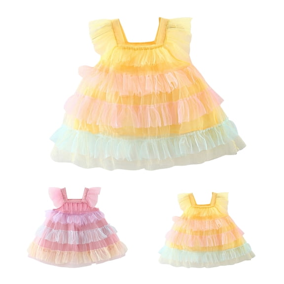 Ahuyic Infant Girls Rainbow Flutter Sleeve Mesh Dress 3-24Months