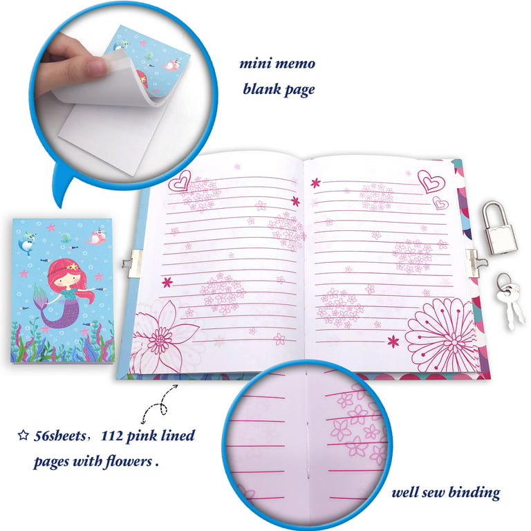 Girls Diary with Lock for Kids, GINMLYDA Mermaid Diaries 7.1x5.3 inch 160 Pages Girl Journal Secret Notebook with Lock and Key for Little Kid Writing