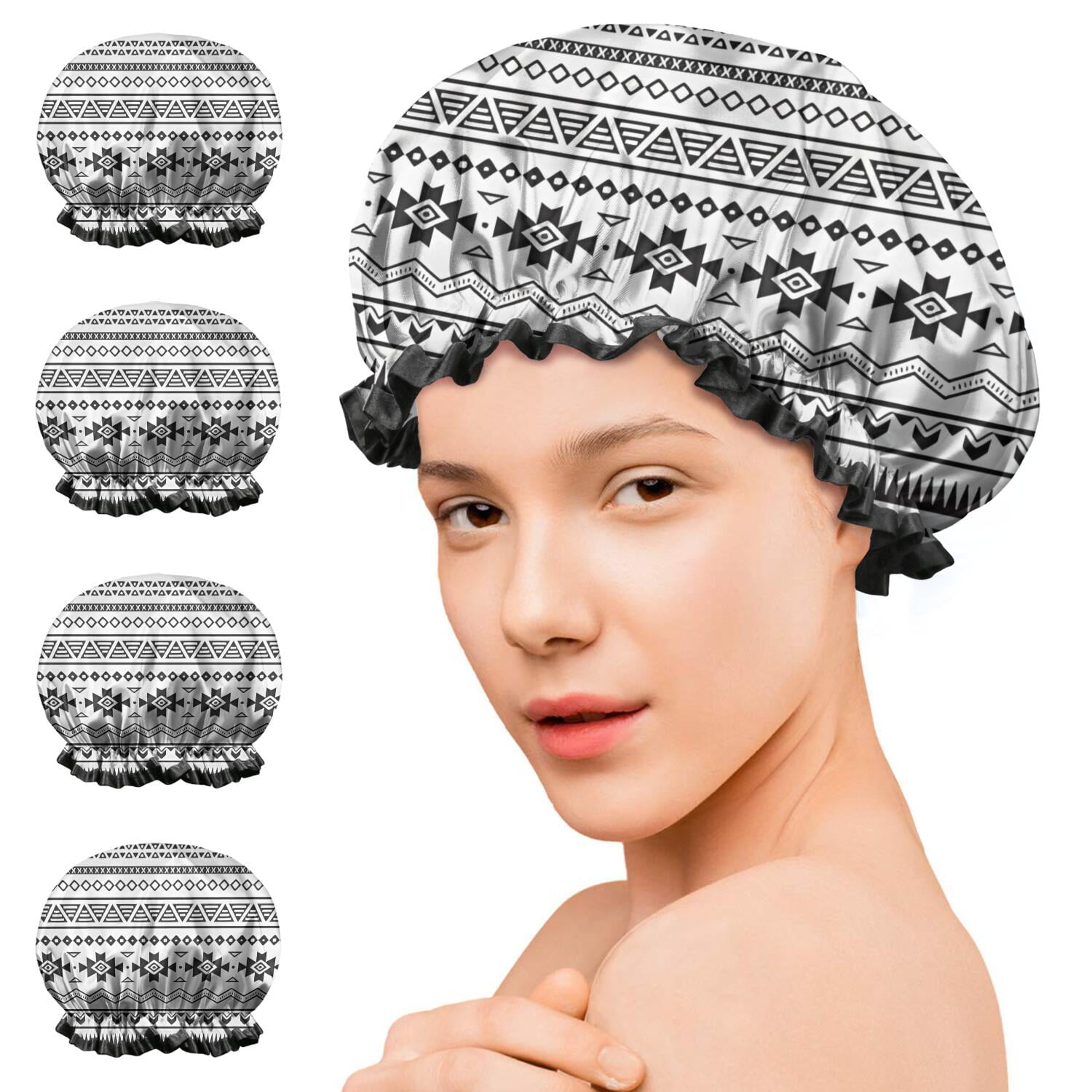 Shower Caps,Black Geometric Border Pattern Waterproof Shower Cap for Women 4 Pieces,Double Reusable Hair Cover for Shower PEVA Elastic Stretch Hem