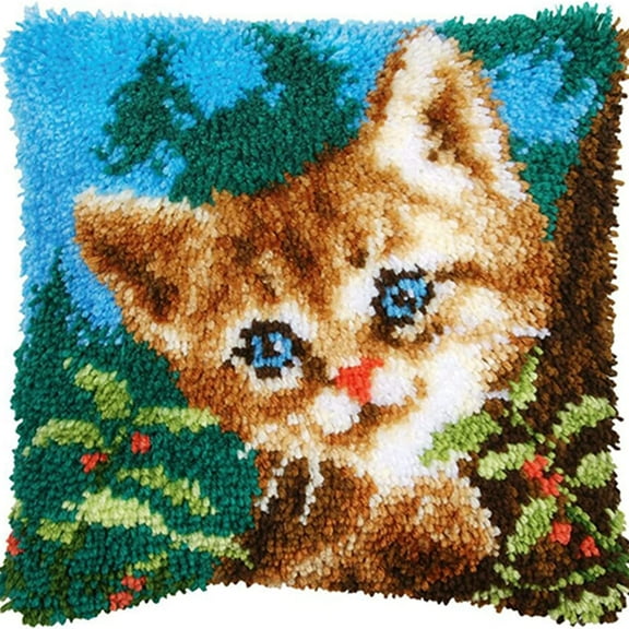 Latch Hook Pillow Kits Cat,Latch Hook Kits Craft for DIY Throw Pillow Cover Sofa Cushion Cover DIY Crochet Needlework Crafts Kits with Yarns 17"*17"