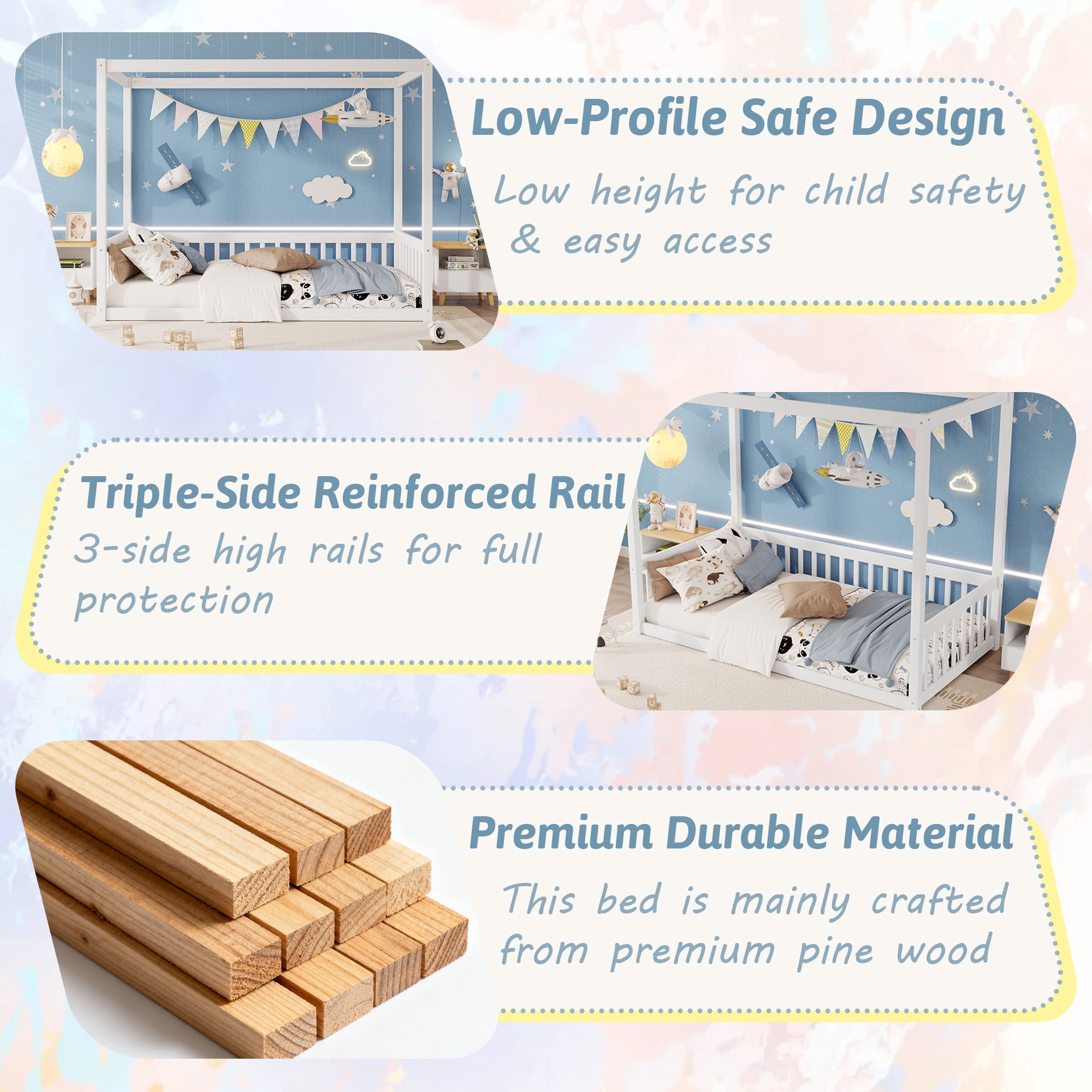 Alvantor Twin Size Floor Bed with Canopy Fence Guardrails for Kids Children Toddler Girls Boys, White