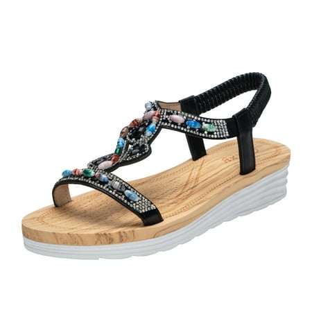 

KaLI_store Platform Sandals Women Womens Flat Sandals Summer Bohemian Beach Flats Elastic Ankle Strap Comfortable T-Strap Thong Flip Flops Black