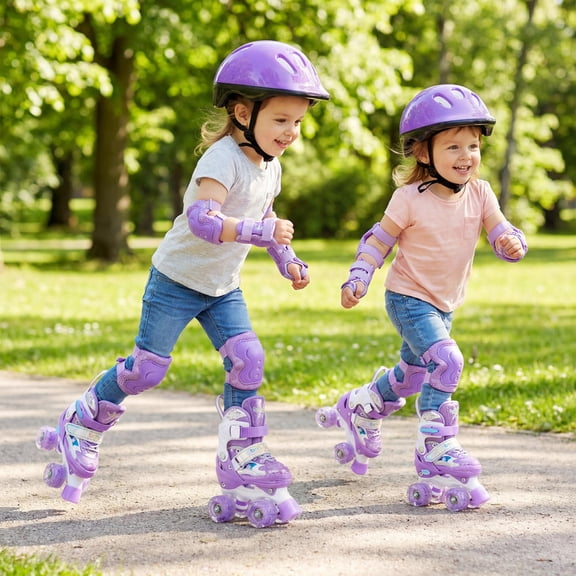 Kids Roller Skates, 4-Size Adjustable Pu Inline Skates with Light-up Wheels, Abec-7 Bearings, Purple