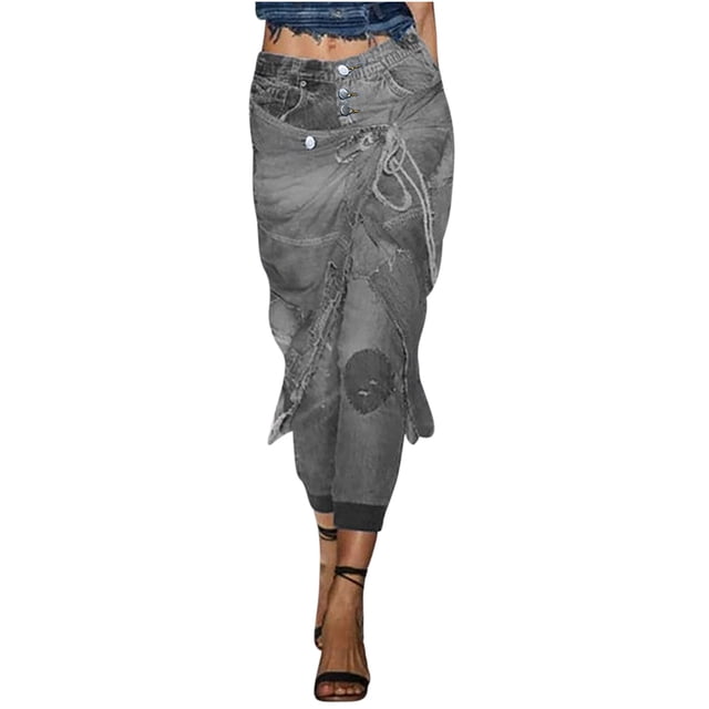 Bigersell Woman Jeans Cropped Jeans Discount High Waisted Flare Jeans Ladies Cropped Flare Denim Pants Button Closure Ripped Blue Jeans Female Straight Mid Waist Ankle Length Pants Style J-89 Gray L