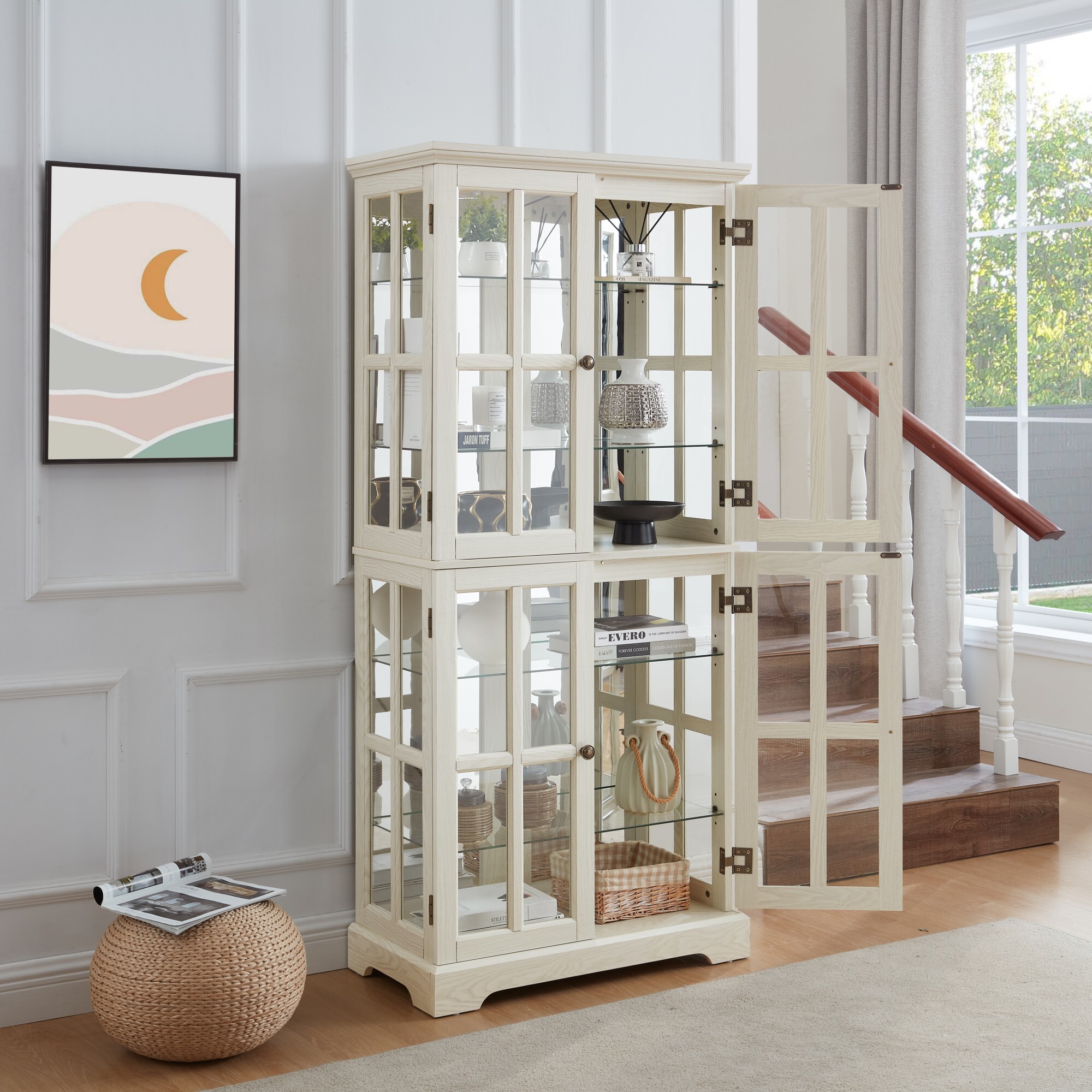 AENKYO 68" Antique Glass Display Case with E26 Bulb & Adjustable Shelves - Elegant Curio Cabinet for Living Room, White
