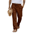 thumbnail image 2 of Domuza Men's Casual Linen Pants Summer Beach Trousers Loose Fit Straight-Legs Elastic Drawstring Waist Yoga Trousers Brown M, 2 of 5
