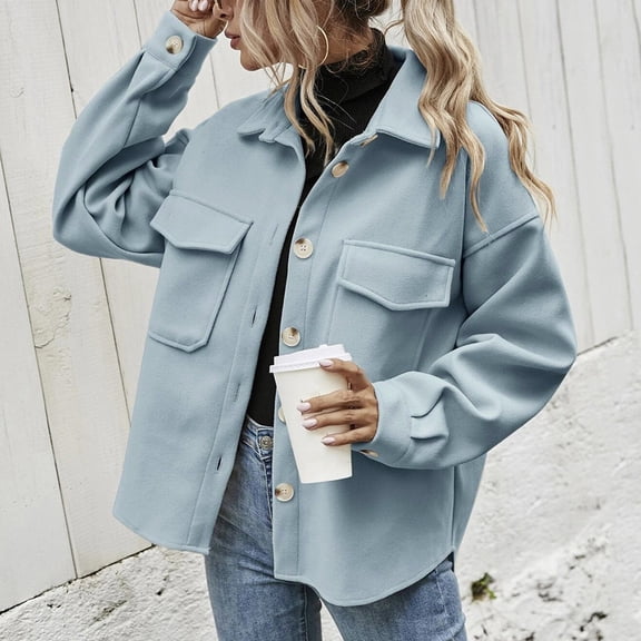 AOOCHASLIY 2023 Women Winter Coat Women Fashion Casual Solid Color Buttons Tops Turndown Collar Long Sleeve Hoodless Casual Outwear