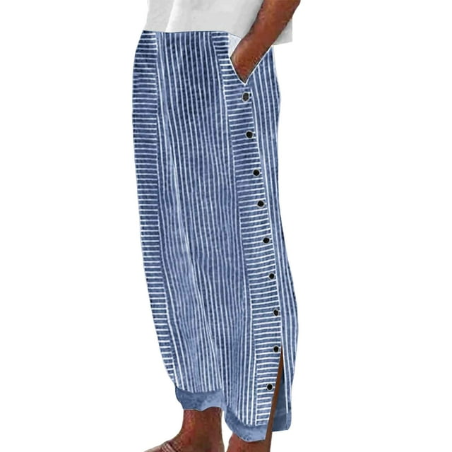 Women's Summer Striped Print Button Loose Long Pants - Rayon, Versatile for Multiple Occasions, Spring - Winter Wear, S - XXXL