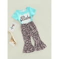 thumbnail image 2 of Toddler Baby Girl Long Pants Set Short Sleeve Letters T Shirt Tops Leopard Flared Pants 2T 3T 4T 5T 6T 7T Kids Casual Summer Outfits, 2 of 7