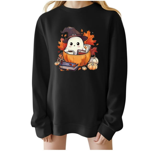 QTBIUQ Women Casual Loose Thanksgiving-Print Round-Neck Drop-Shoulder Long-Sleeved Sweater Top Black