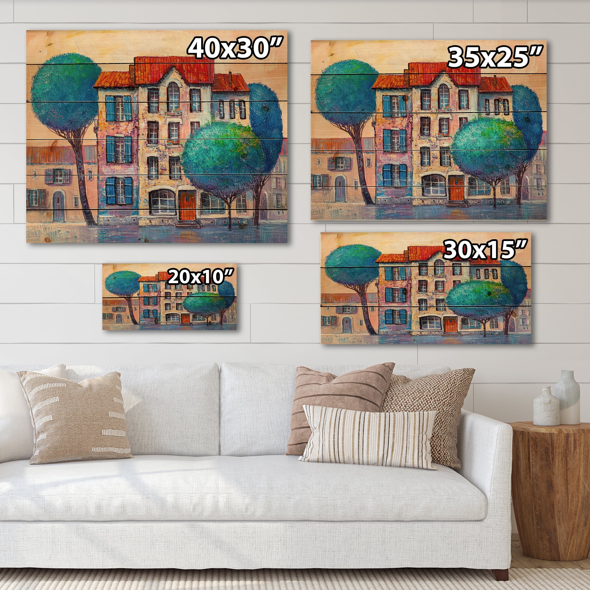 Designart 'Colorful Autumn Trees and A House With Red Roof' Modern Print on Natural Pine Wood