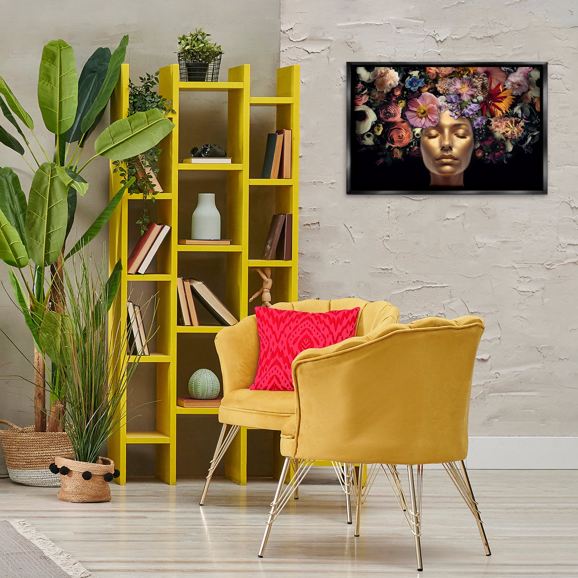 Stupell Industries Gold Face with Flowers Plants & Flowers Painting Black Floater Framed Canvas Art Print Wall Art, 25 x 17