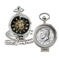 thumbnail image 1 of Coin Pocket Watch with Skeleton Movement | JFK Half Dollar | Genuine U.S. Coin | Sweeping Second Hand, Magnifying Glass | Silvertone Case | Certificate of Authenticity, 1 of 1