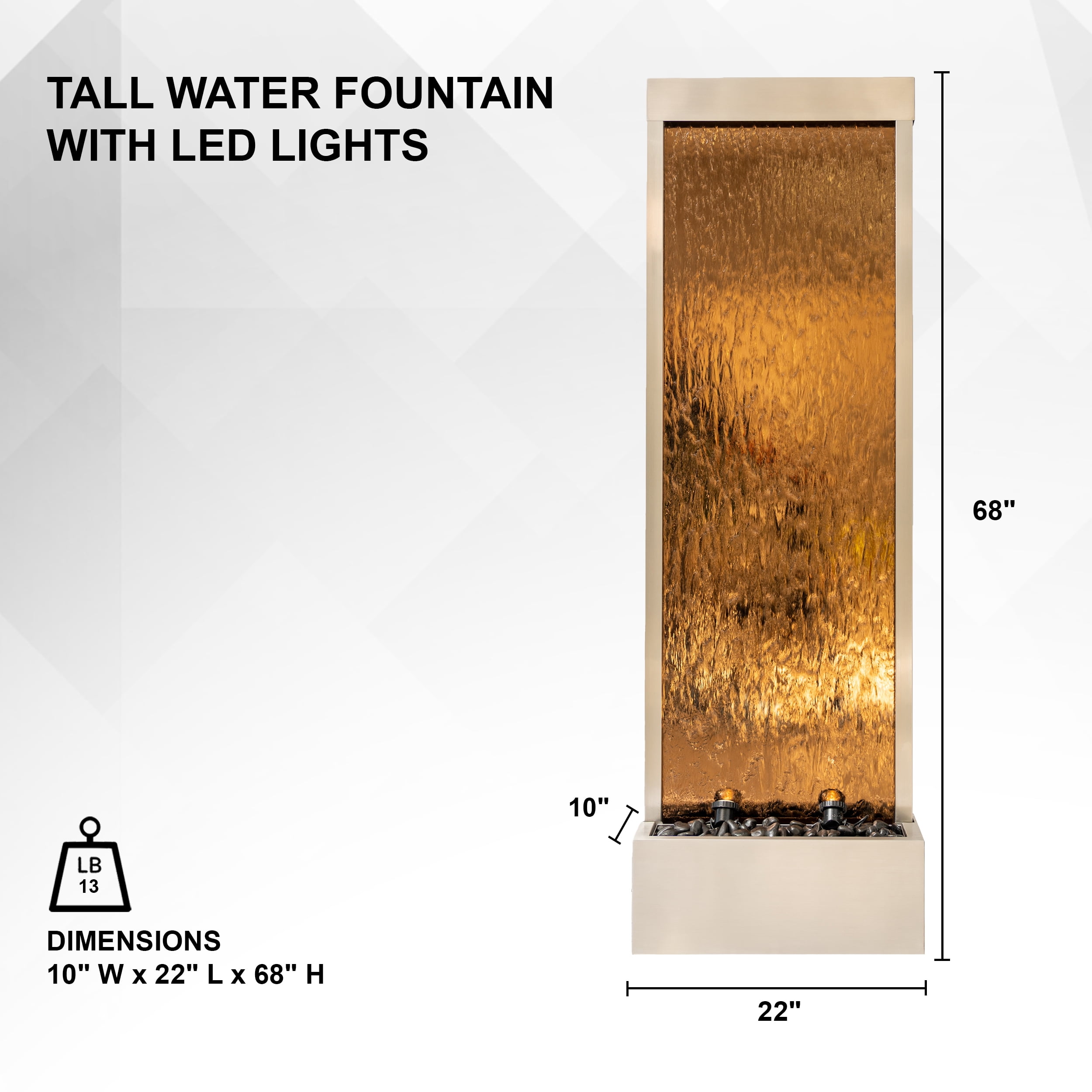 XBrand 68" H Freestanding Modern Indoor/Outdoor Waterfall Fountain w/ Decorative Rocks, LED Lights & Auto-Shut Off Pump, Stainless Steel Silver Frame/ Bronze Glass