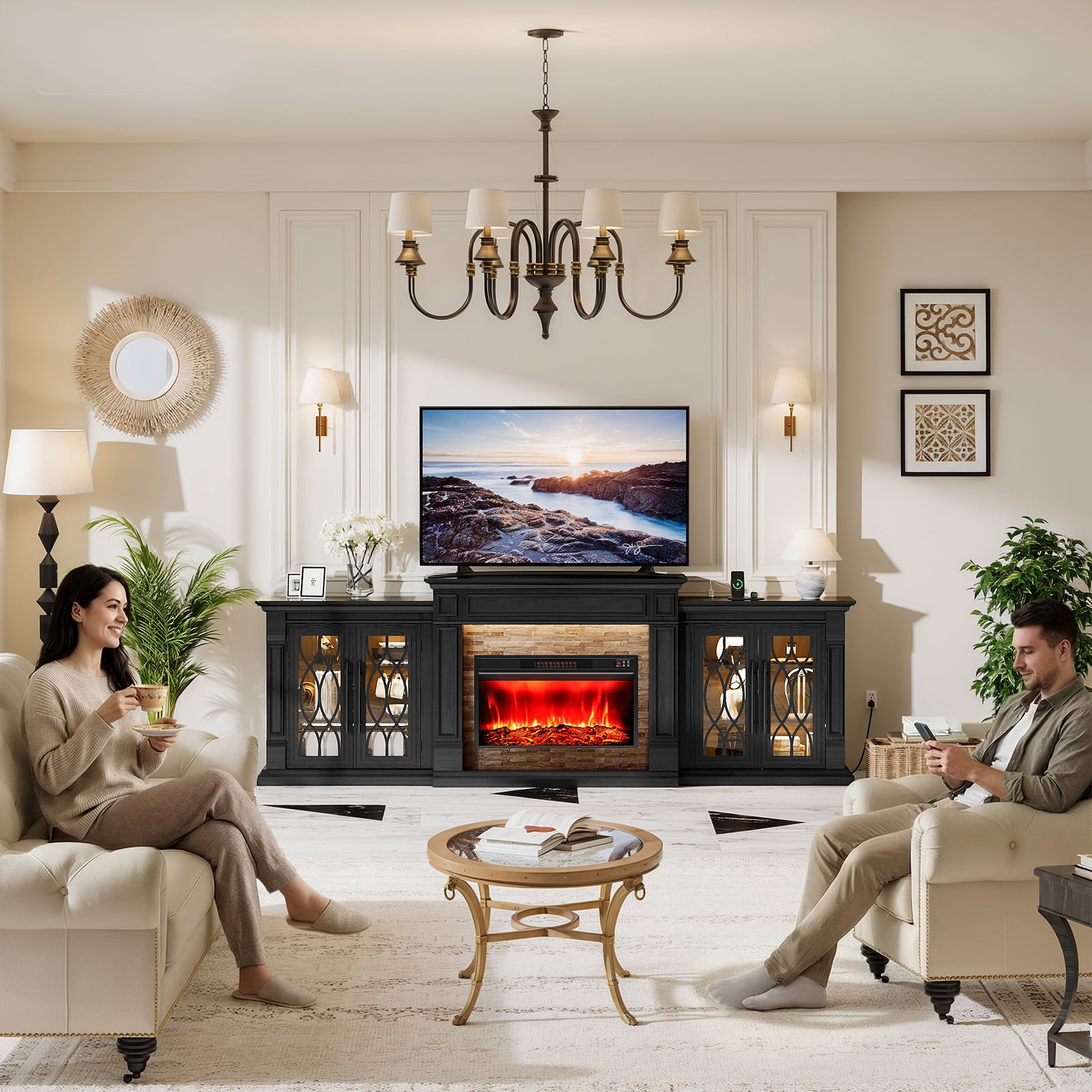 LGHM 104" TV Stand with 30" Electric Fireplace & Charging Station & LED Lights, Large Farmhous Entertainment Center with Storage Cabinet, Media Console for Living Room, Black