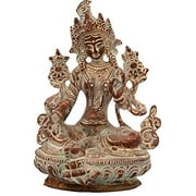Exotic India Tibetan Buddhist Goddess Green Tara - Brass Statue - Color Antique Brown Color