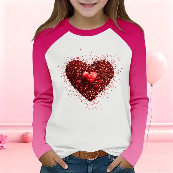 Girls Glitter Heart Shirt Long Sleeve Pink Top with Raglan Sleeves, Soft Casual T-Shirt for Kids to Big Kids,Size 10 T