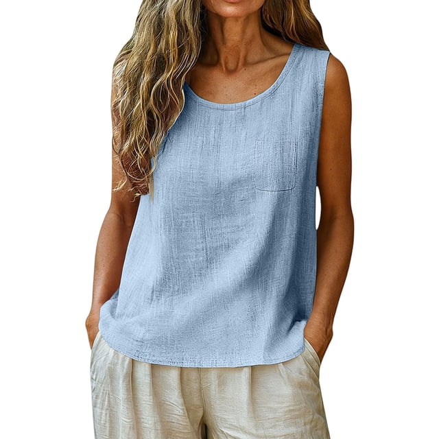 YAZHPA Hauts en Lin pour Femmes, Débardeurs en Coton et Lin pour Femmes, Chemises d'Été Sans Manches Décontractées à Col Rond, Bleu 2TG