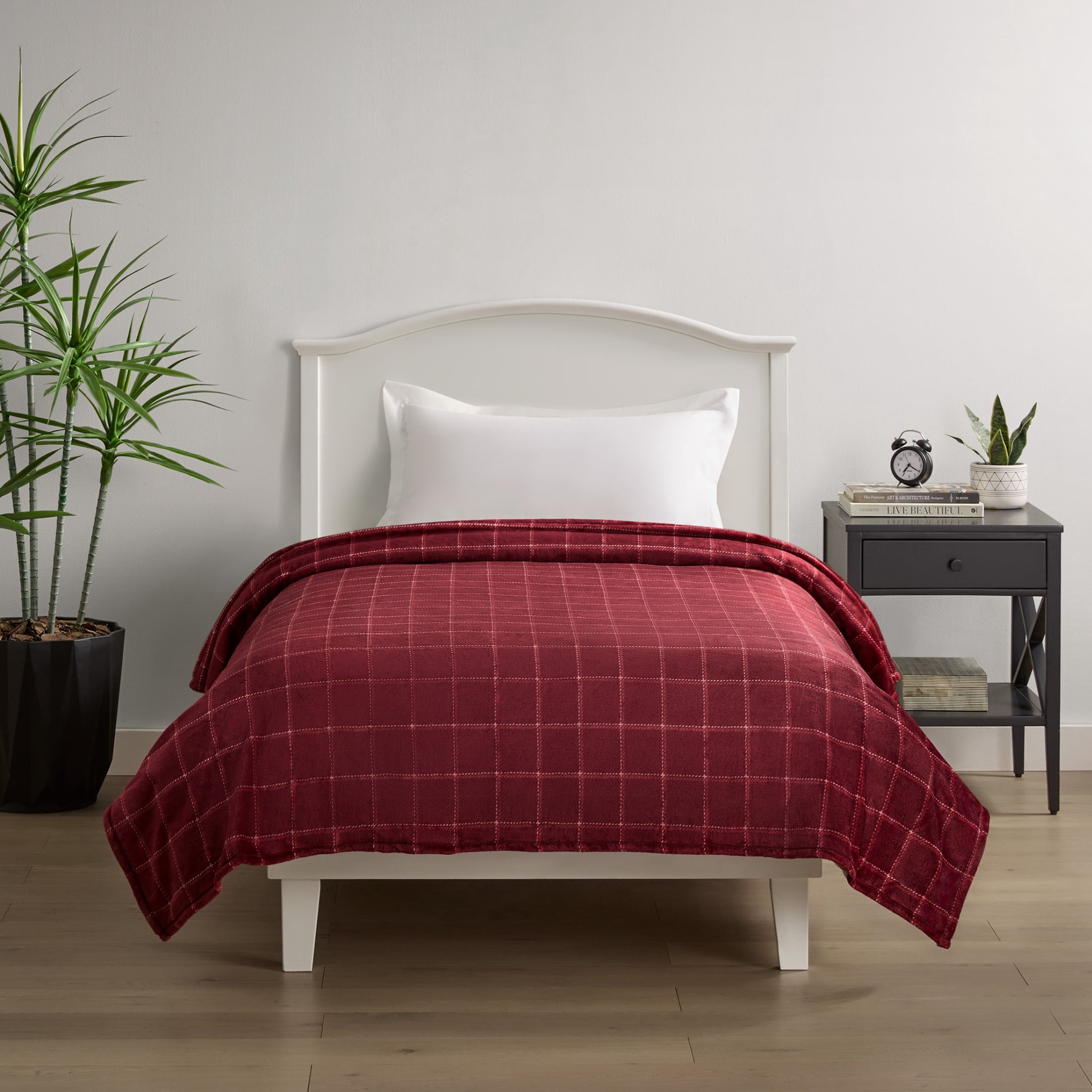 Mainstays Velvet Plush Bed Blanket, Red Check, Twin Size