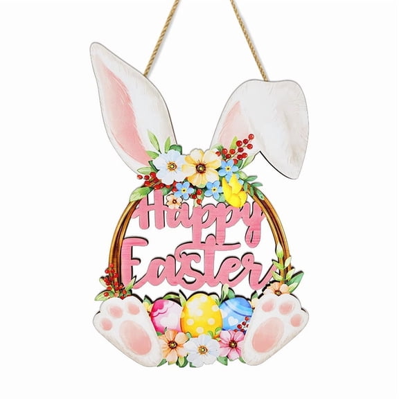 Wooden Easter Decoration Door Wreath for Front Door Sign Wall Signs Rabbit Spring Decoration, Hollow Bunny Sign Flower Egg Welcome Hanging for Home Wall Decor Party Outdoor indoor Supply Happy Easter