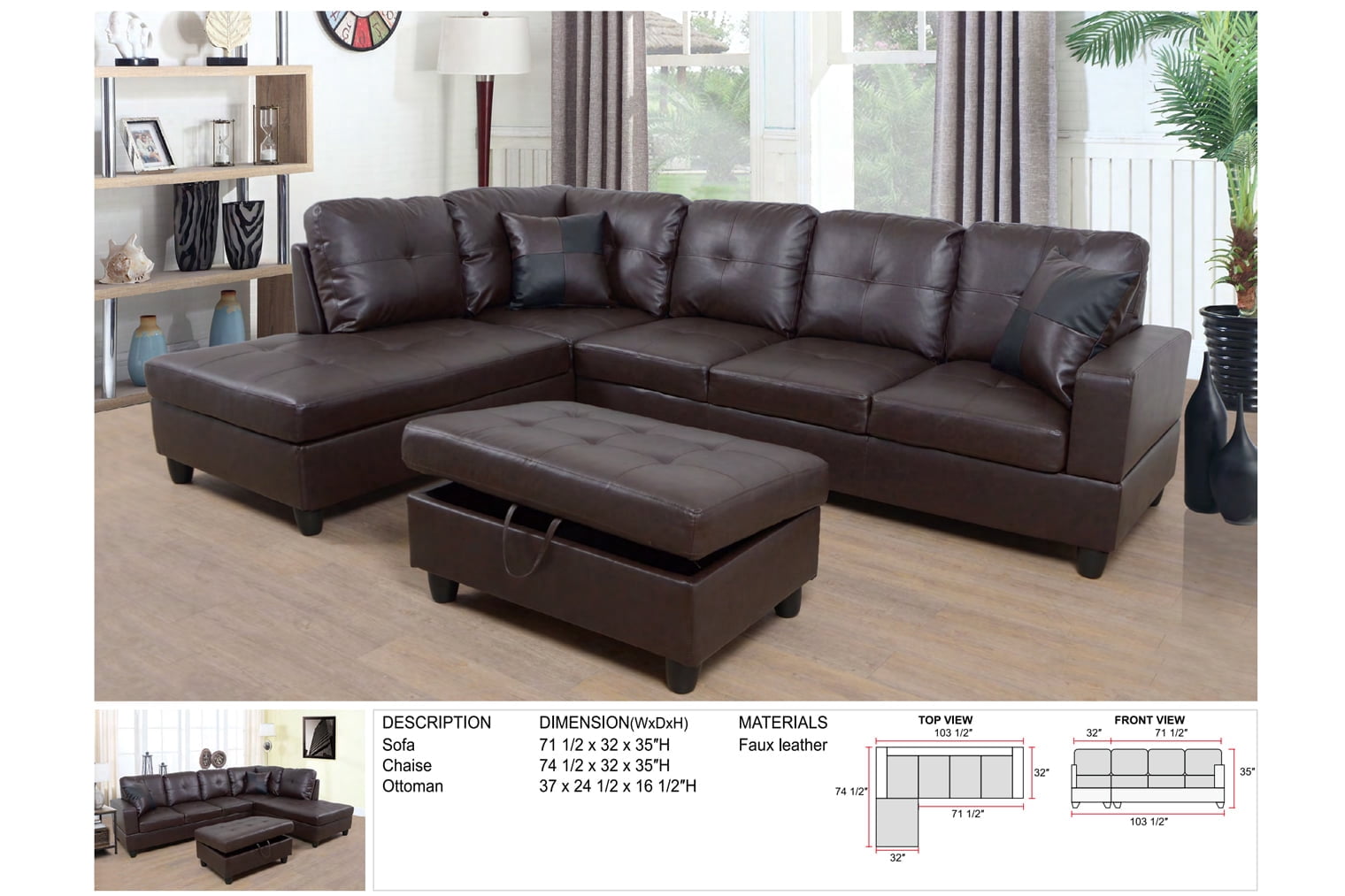 PonLiving Furniture Brown Faux Leather 3 Piece Sectional Sofa Couch Set, L-Shaped Modern Sofa with Chaise Storage Ottoman for Living Room Furniture, Right Hand Facing