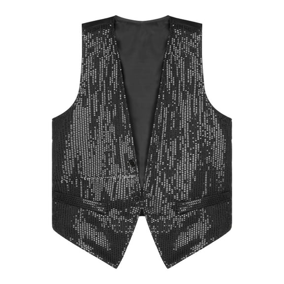Kaerm Men's Sequin Vest Shiny Suit Vest V-Neck Party Dress Jacket Tuxedo Waistcoat Black XL
