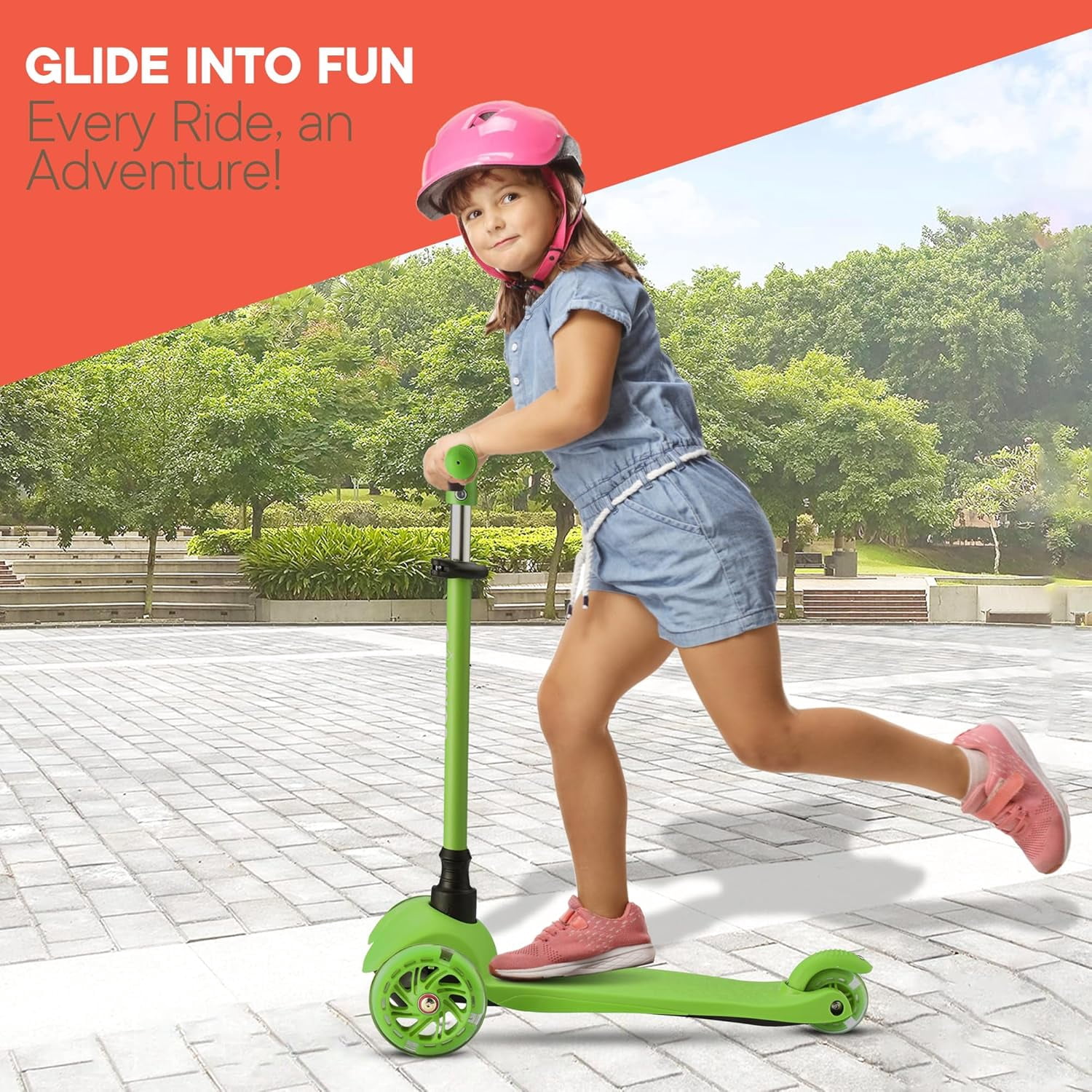 Campior Green 3-Wheel Kids Scooter, Lean-to-Steer with LED Wheels, Adjustable Handlebar, Anti-Slip Deck, Rear Foot Brake, Ages 2+