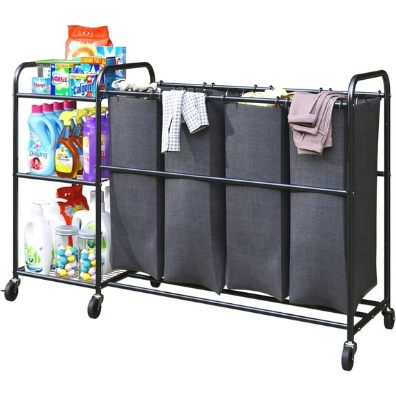 4 Bag Laundry Sorter Cart with Storage Shelf, Laundry Hamper Sorter with Rolling Wheels and Removable Bags for Clothes Storage,Laundry Organizer Basket Laundry Clothes Hamper, Black