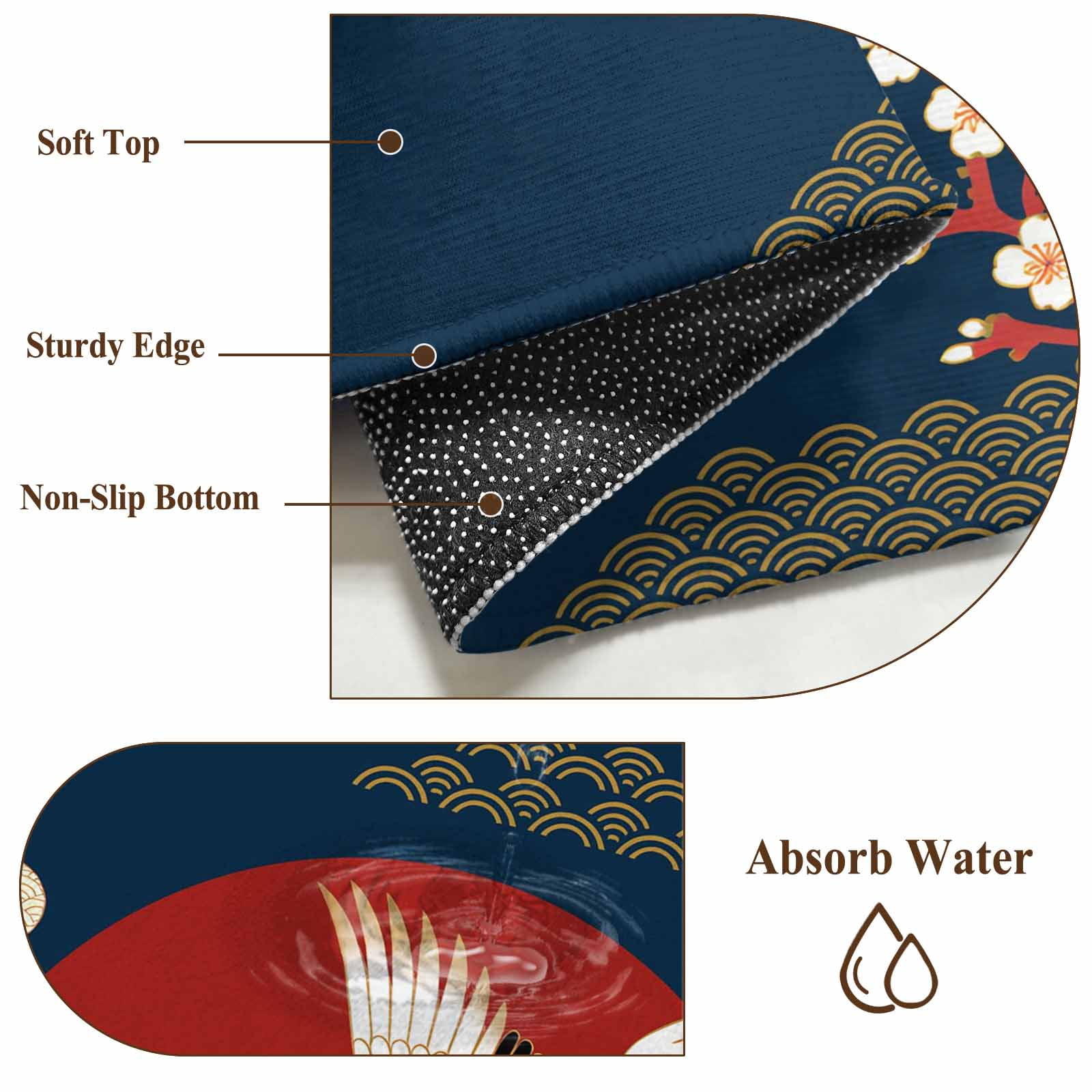 Japanese Style Area Rugs Collection 4'x6', Modern Cranes Cherry Flower Wave Navy Blue Non Slip Indoor Rectangle Throw Runner Rug Floor Mat Carpet for Living Room Dining Table Bedroom Nursery