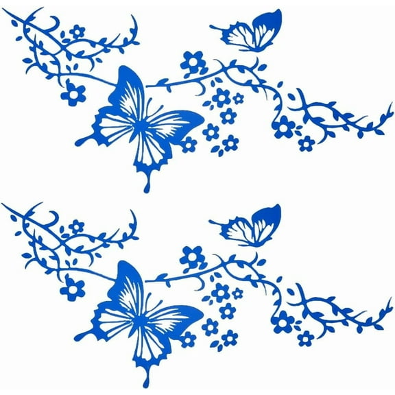 2 Sheets PET Waterproof Sticker Reflective Bumper Decal Butterfly Flower Vine Hawaiian Car Decals Set Women Car Rearview Mirror Stickers for Auto Truck SUV Wall Art Laptop (Royal Blue) Blue DIY