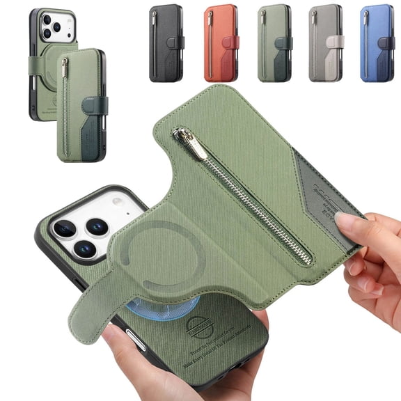 ELEHOLD For iPhone 17 Pro Flip Wallet Case , Shockproof PU Leather RFID Blocking 2-in-1 Magnetic Detachable Flip Zipper Wallet Cover,Green