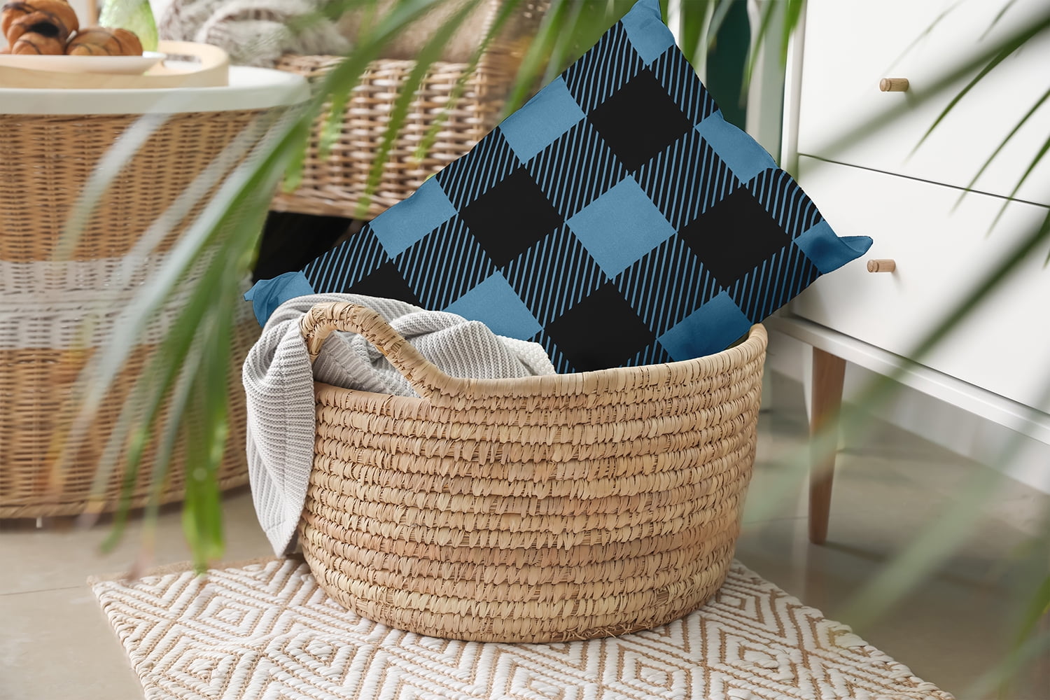 20" x 14" Simply Daisy Buffalo Plaid Polyester Indoor/Outdoor Pillow, Chambray Qty 1