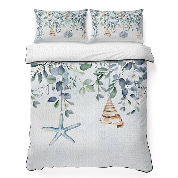 King Quilt Set 96''x106'', Blue Coastal Lightweight Bedspread Coverlet Set with 2 Pillow Shams, Eucalyptus Leaves Summer Beach Starfish Breathable All Season Quilt Bedding for Bedroom/Guest Room