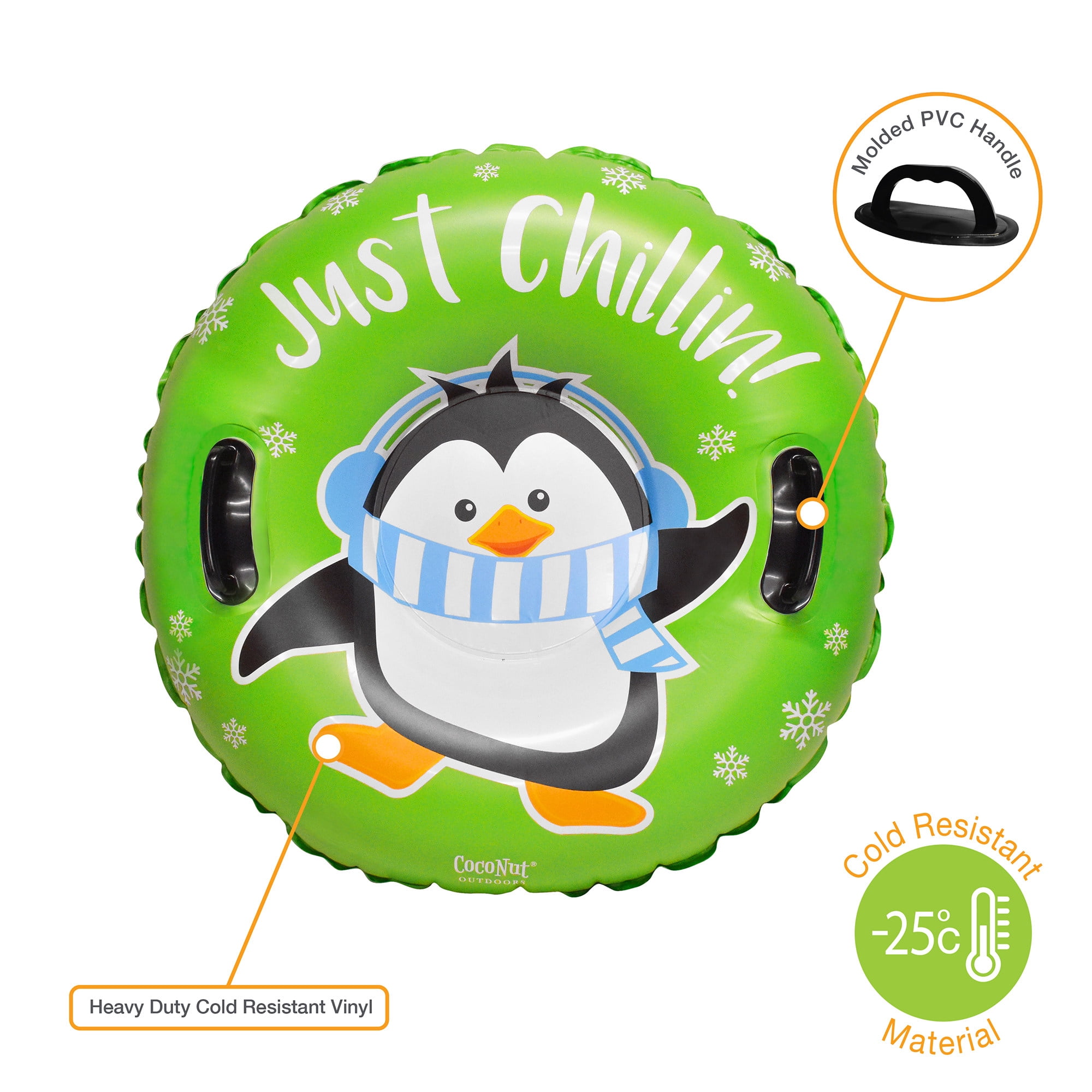 CocoNut Outdoor: Just Chillin Green Penguin -32" Inflatable Penguin Junior Snow Tube - Heavy Duty Snow Sled with Sturdy Handles for Kids, Lightweight Snow Tube for Boys and Girls, Kids 5+