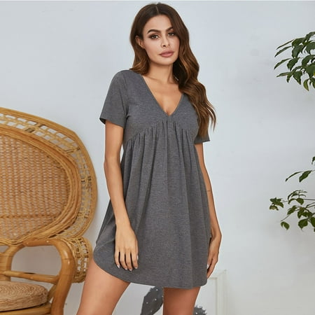 

Nightgowns For Women Bobora Nightdress Spring/Summer New v-Neck Waist Knit Short-Sleeved Hot Selling Home Service Casual Gray 2XL