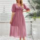 thumbnail image 2 of Vestido de Verano de Manga Corta para Mujeres de Moda Cómodo Vestido de Cuello en V de Color Sólido, Poliéster, 2 of 7
