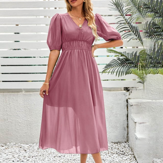 LOVZFMLL Robe Femme Mode Confortable Été Couleur Unie Manches Courtes Col en V Rose 2TG