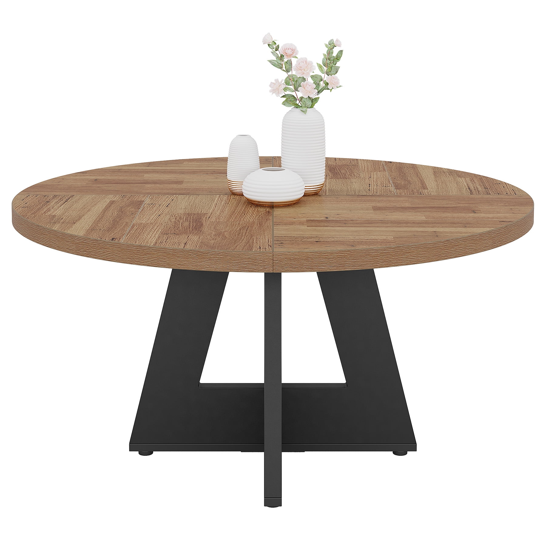Fnova 47" Coffee Table, Round Dining Table for 4 People, Modern Farmhouse Wooden Kitchen Table, Living Room, Black Brown (Chairs Not Included)