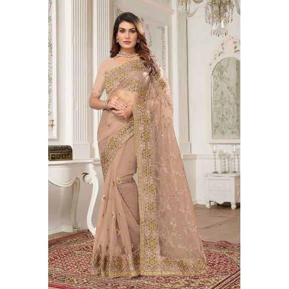 Designer Beige Resham Zari Embroidery Net Saree
